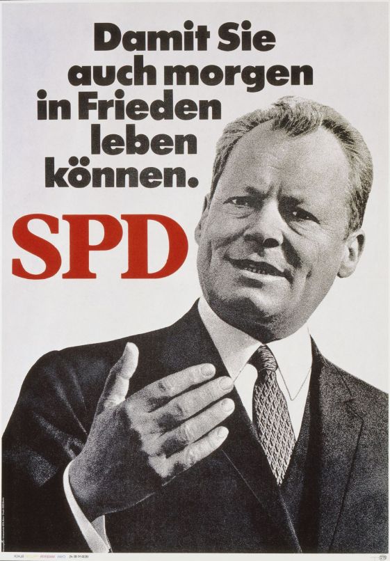 "Para que podamos vivir en paz. SPD". Afiche del SPD para las elecciones de 1969. Brandt fue el primero en pedir un duelo televisivo. Años más tarde, ya como canciller, se negaría.